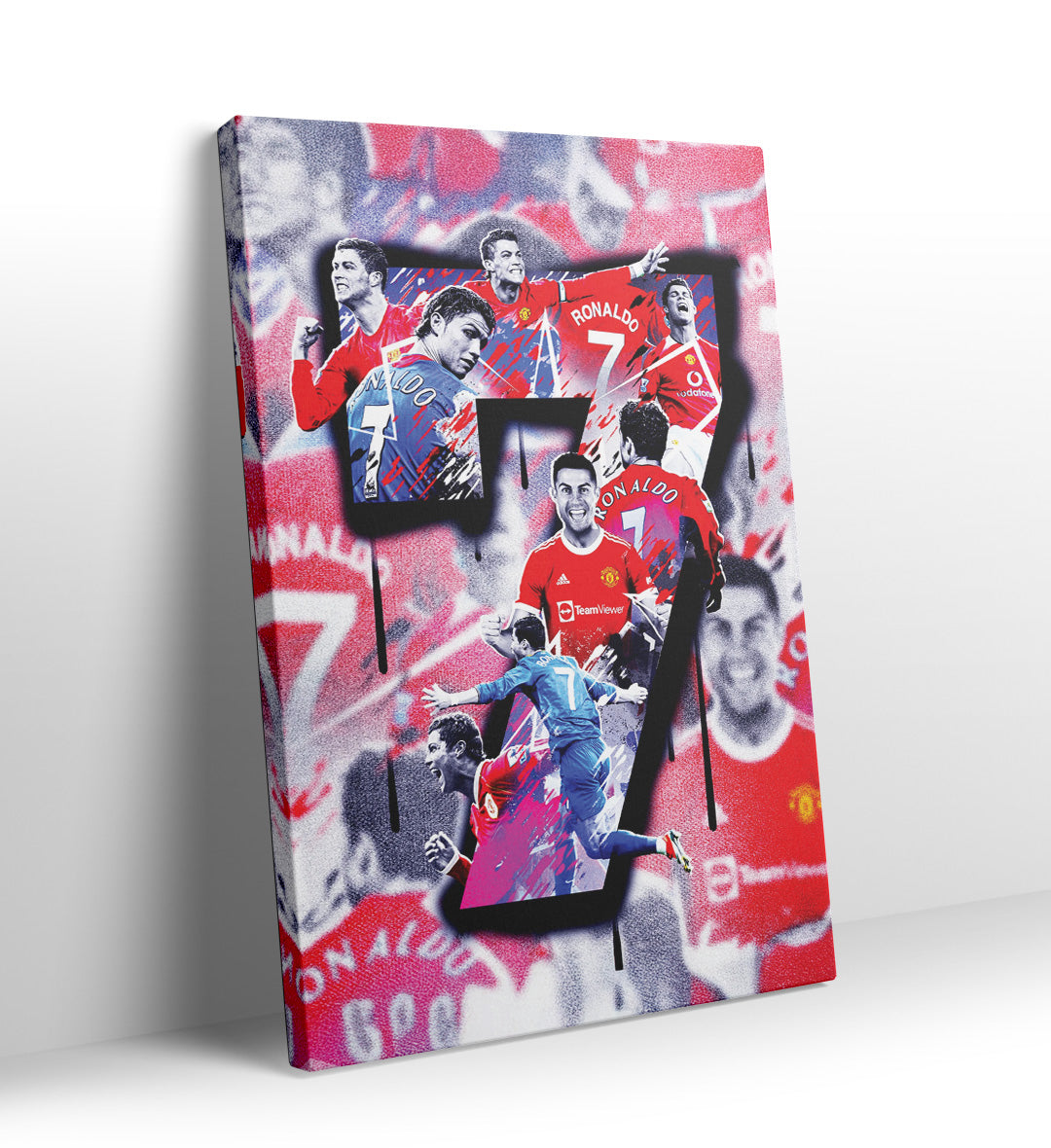 Cristiano Ronaldo collage inside a large number 7 with graffiti background canvas art.
