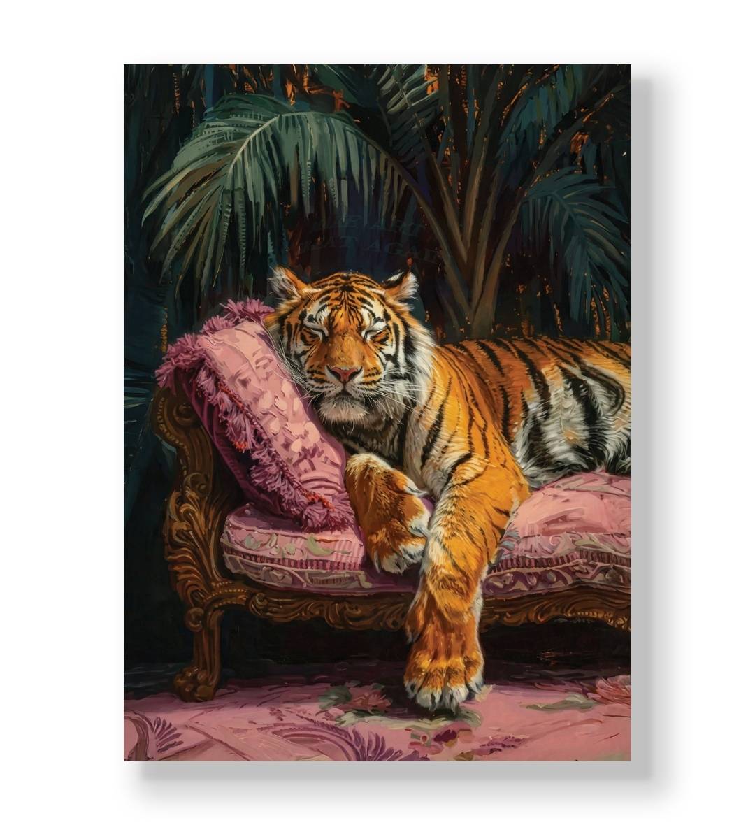 Large tiger sleeping peacefully on a vintage pink velvet sofa with a dark jungle background canvas wall art.