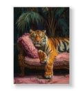 Large tiger sleeping peacefully on a vintage pink velvet sofa with a dark jungle background canvas wall art.
