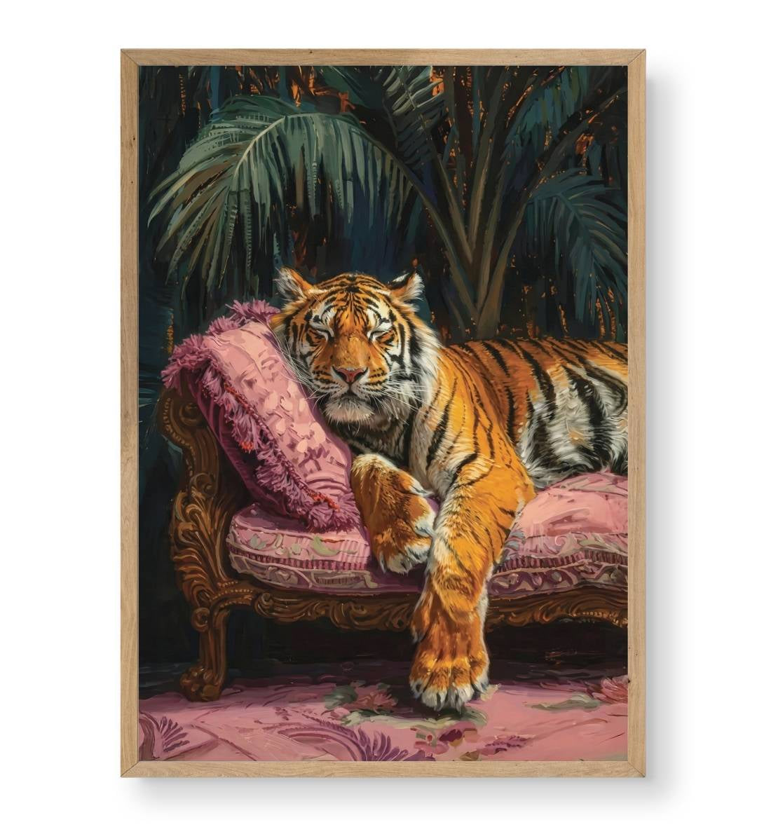 Large tiger sleeping peacefully on a vintage pink velvet sofa with a dark jungle background canvas wall art.