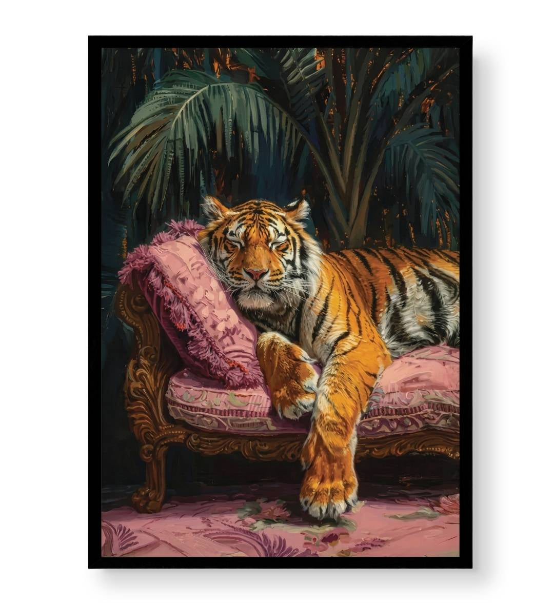 Side view of The Sleeping Royal Tiger canvas showing gallery wrap depth.