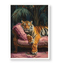 Boho chic living room decor featuring luxurious tiger on sofa wall art.