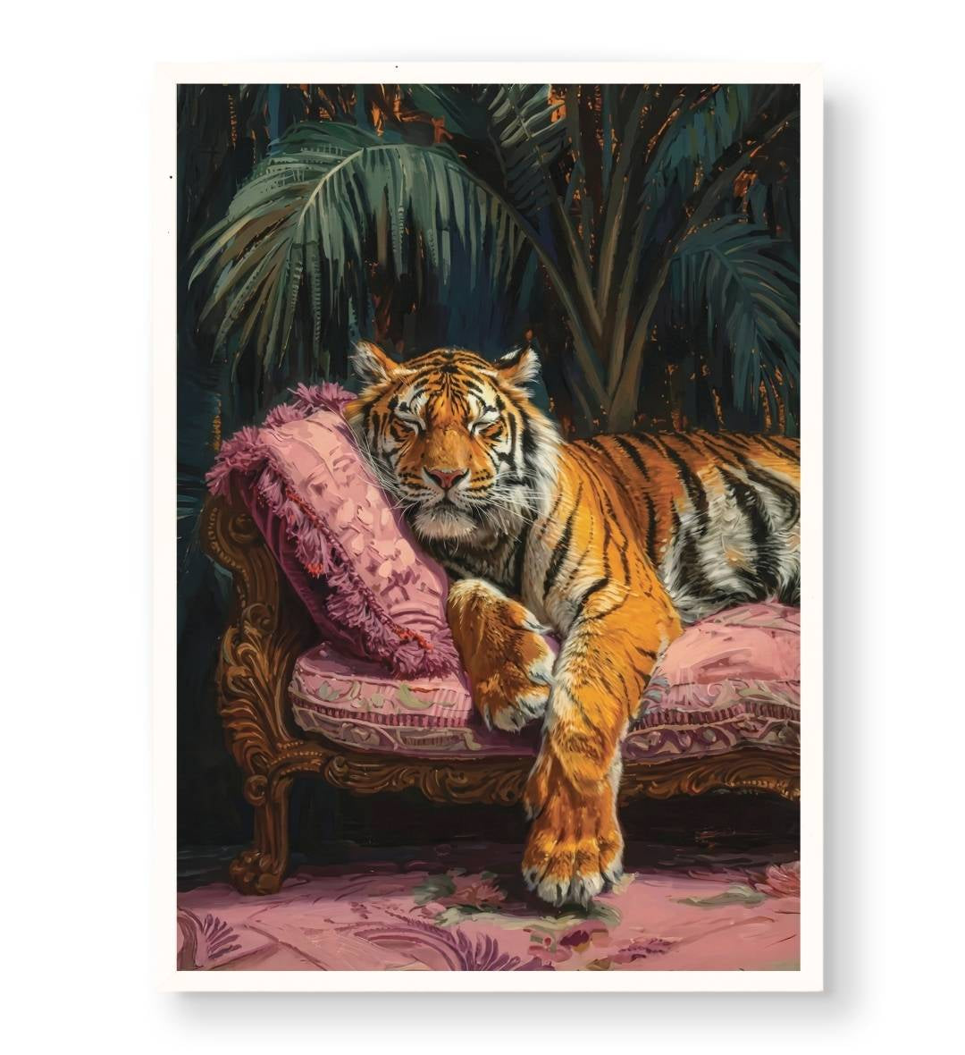 Boho chic living room decor featuring luxurious tiger on sofa wall art.