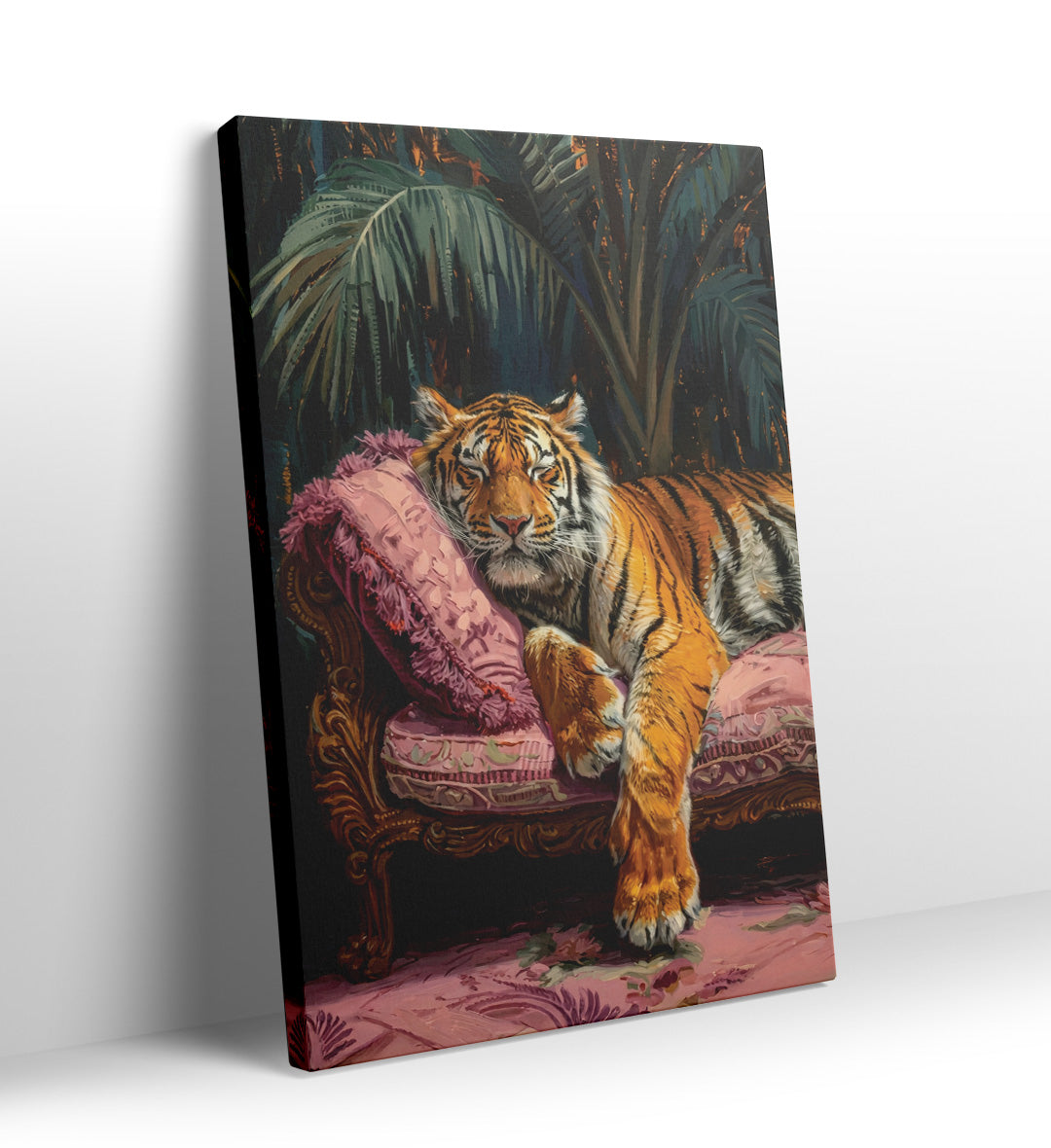 Eclectic reading nook with tropical jungle theme wall hanging.