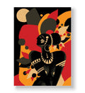 Abstract black silhouette of a tribal woman with white geometric face paint against a red and orange background canvas wall art.