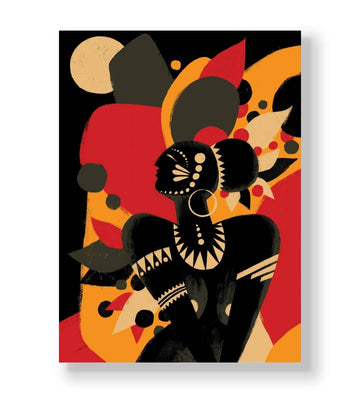 Abstract black silhouette of a tribal woman with white geometric face paint against a red and orange background canvas wall art.