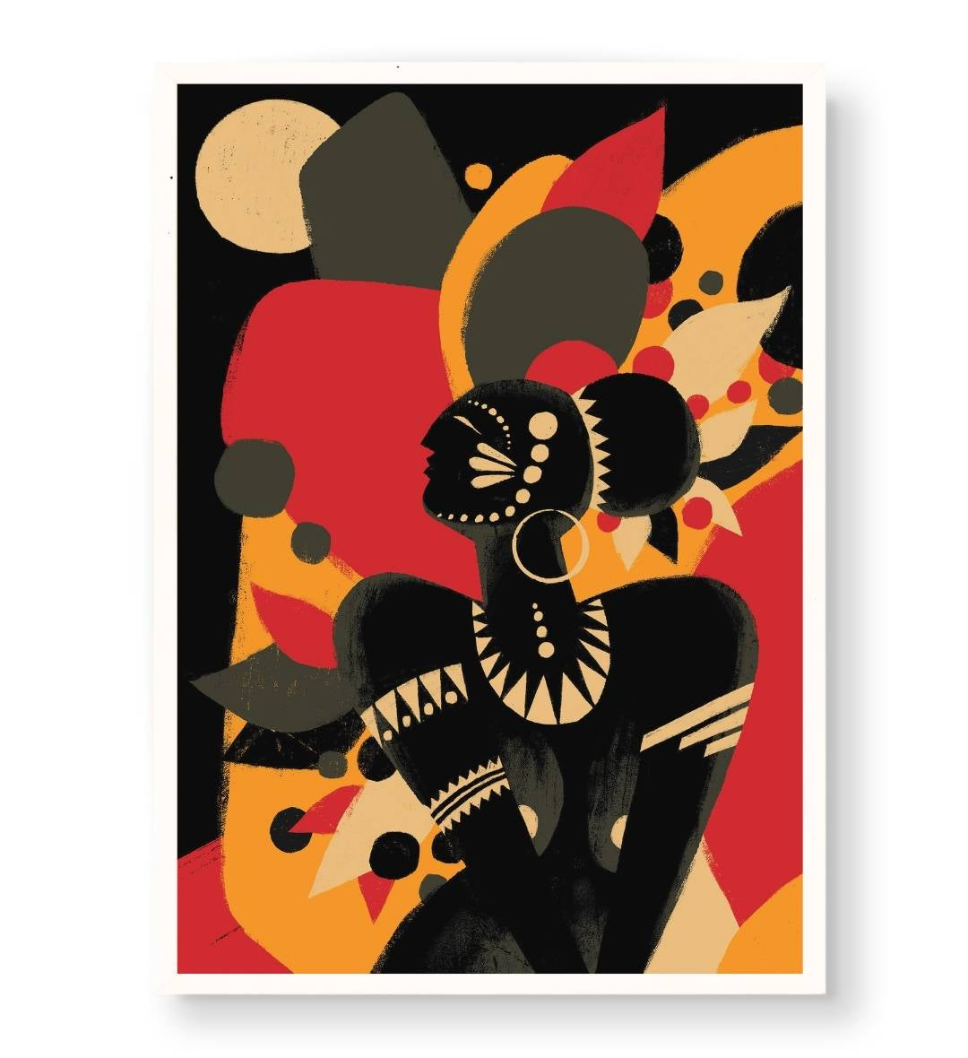 Boho living room decor featuring bold warm-toned tribal portrait wall art.