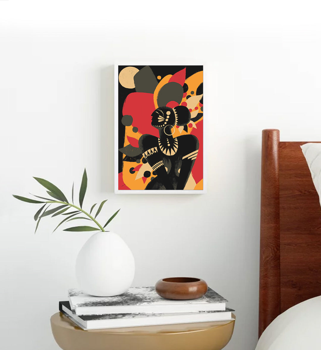 Modern hallway styled with abstract cultural silhouette canvas print.