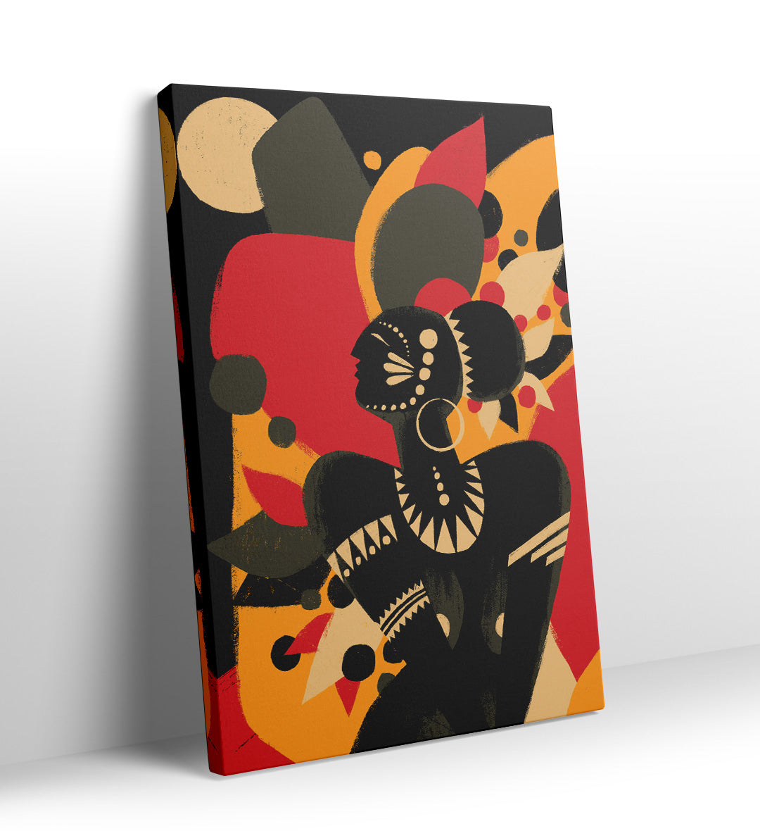 Abstract black silhouette of a tribal woman with white geometric face paint against a red and orange background canvas wall art.