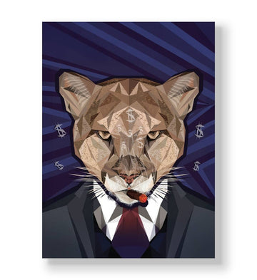 Geometric cougar wearing a business suit and smoking a cigar with dollar signs canvas wall art.