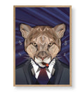 Detail of the cougar's sharp geometric face, red tie, and floating dollar symbols.