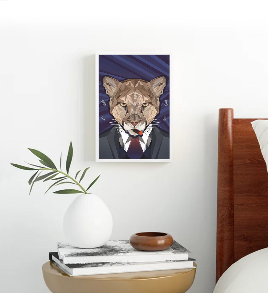 Man cave decor styled with motivational wealth-themed canvas print.