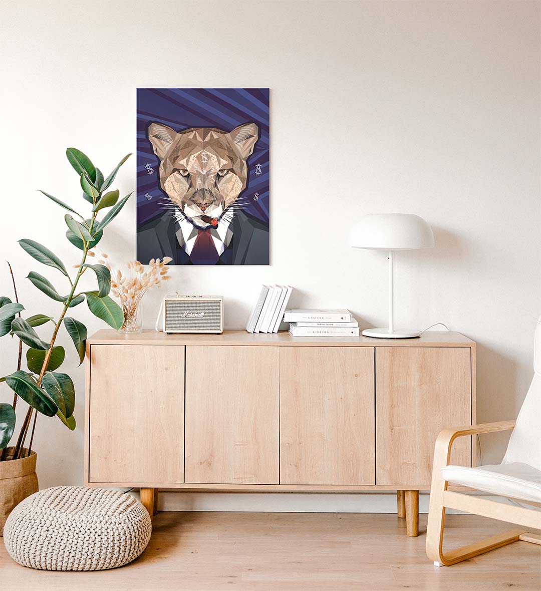 Hallway display with framed The Wall Street Cougar art by Artlier.