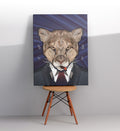 Canvas print of a stylized animal in formal attire on a wooden stool against a white wall.