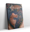 Tiger Serenity Haven wildlife wall art featuring two tigers in a teal pool with autumn leaves for Indian home decor.