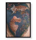Tiger Serenity Haven wildlife wall art featuring two tigers in a teal pool with autumn leaves for Indian home decor.