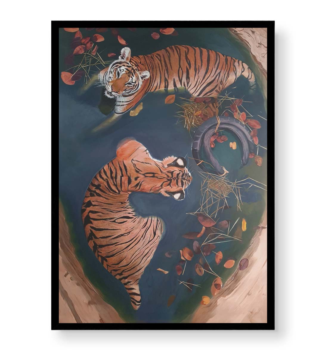 Tiger Serenity Haven wildlife wall art featuring two tigers in a teal pool with autumn leaves for Indian home decor.