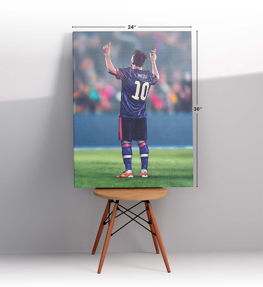 Lionel Messi canvas wall art in Barcelona jersey celebrating, perfect for modern Indian sports home decor.