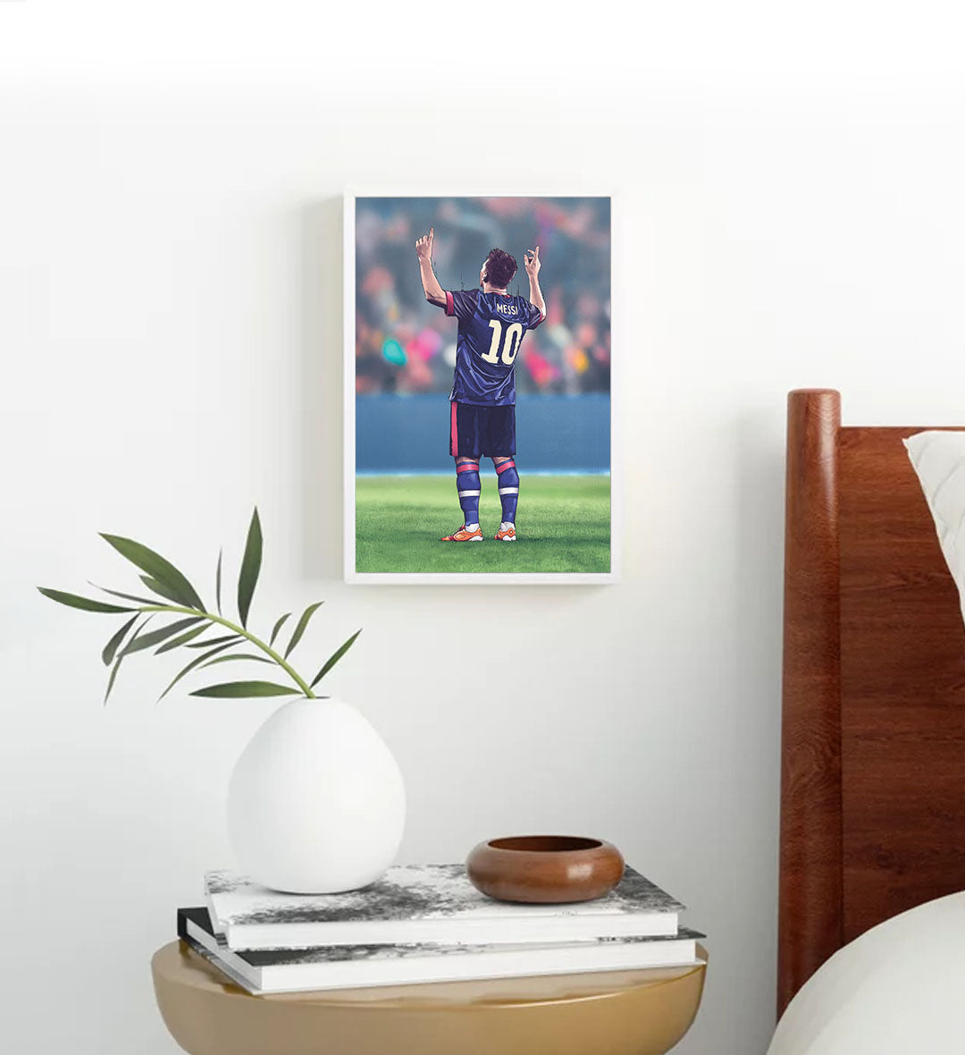Lionel Messi canvas wall art in Barcelona jersey celebrating, perfect for modern Indian sports home decor.