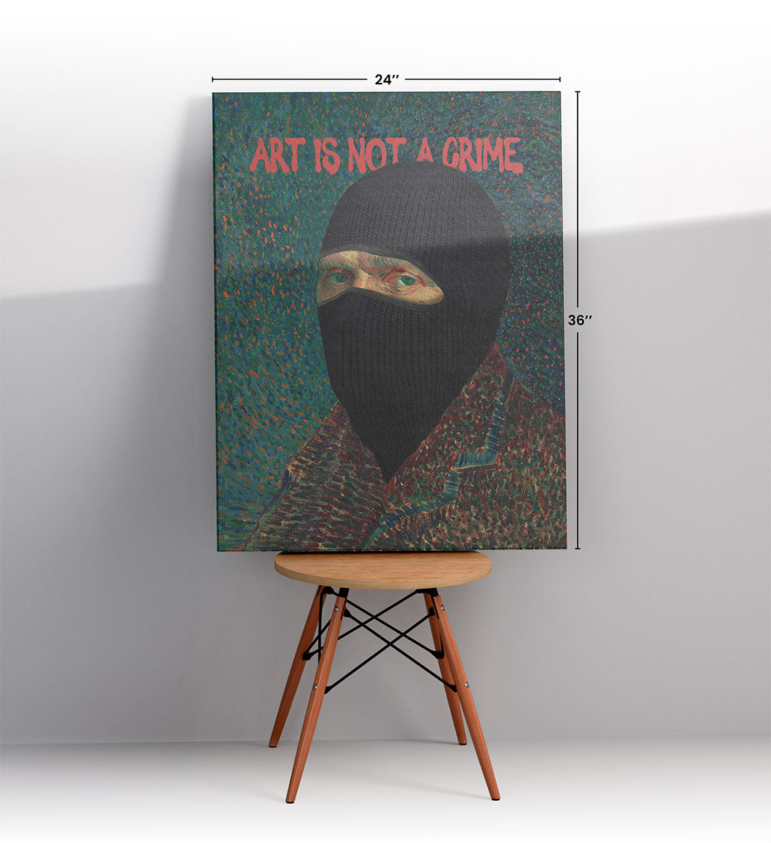 Vincent Van Gogh parody canvas wall art with ski mask and Art Is Not a Crime text, ideal for modern Indian home decor.