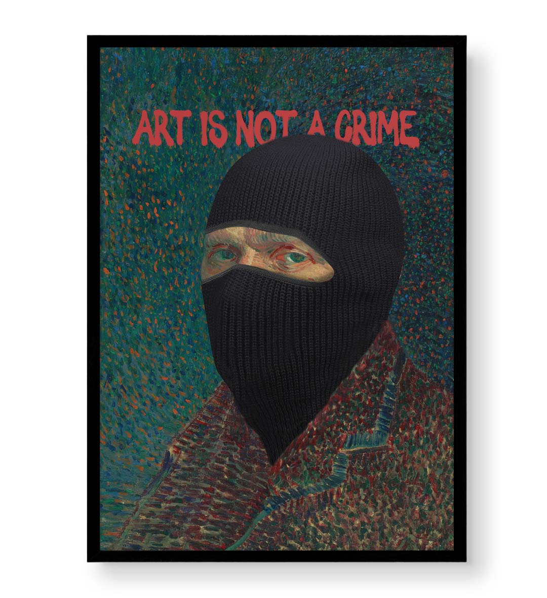 Vincent Van Gogh parody canvas wall art with ski mask and Art Is Not a Crime text, ideal for modern Indian home decor.