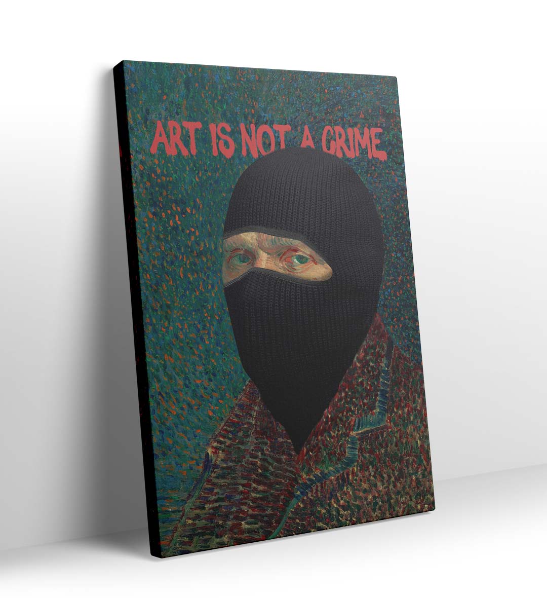 Vincent Van Gogh parody canvas wall art with ski mask and Art Is Not a Crime text, ideal for modern Indian home decor.