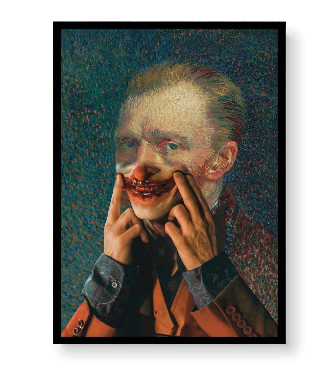 Vincent Van Gogh parody canvas wall art with clown makeup, ideal for modern Indian home decor.