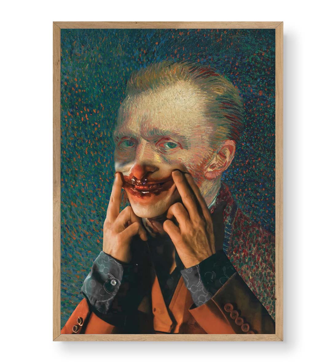 Vincent Van Gogh parody canvas wall art with clown makeup, ideal for modern Indian home decor.