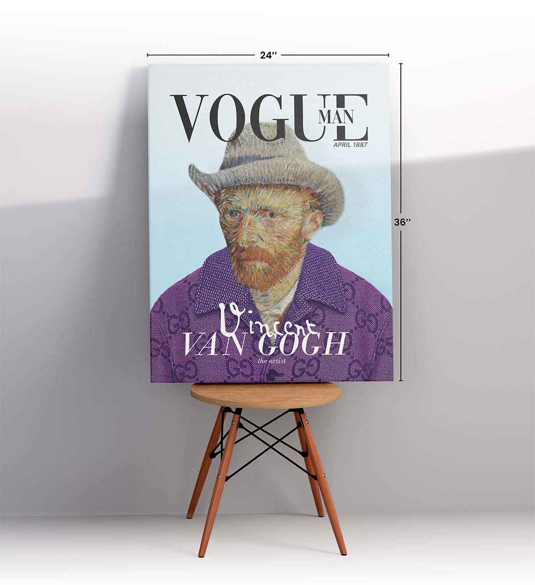 Vincent Van Gogh parody canvas wall art as Vogue Man cover with Gucci jacket, ideal for modern Indian home decor.