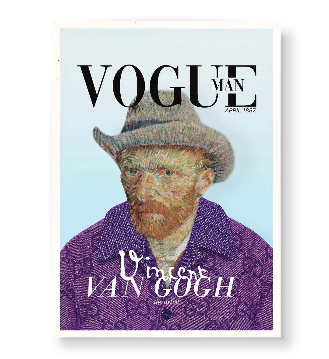 Vincent Van Gogh parody canvas wall art as Vogue Man cover with Gucci jacket, ideal for modern Indian home decor.