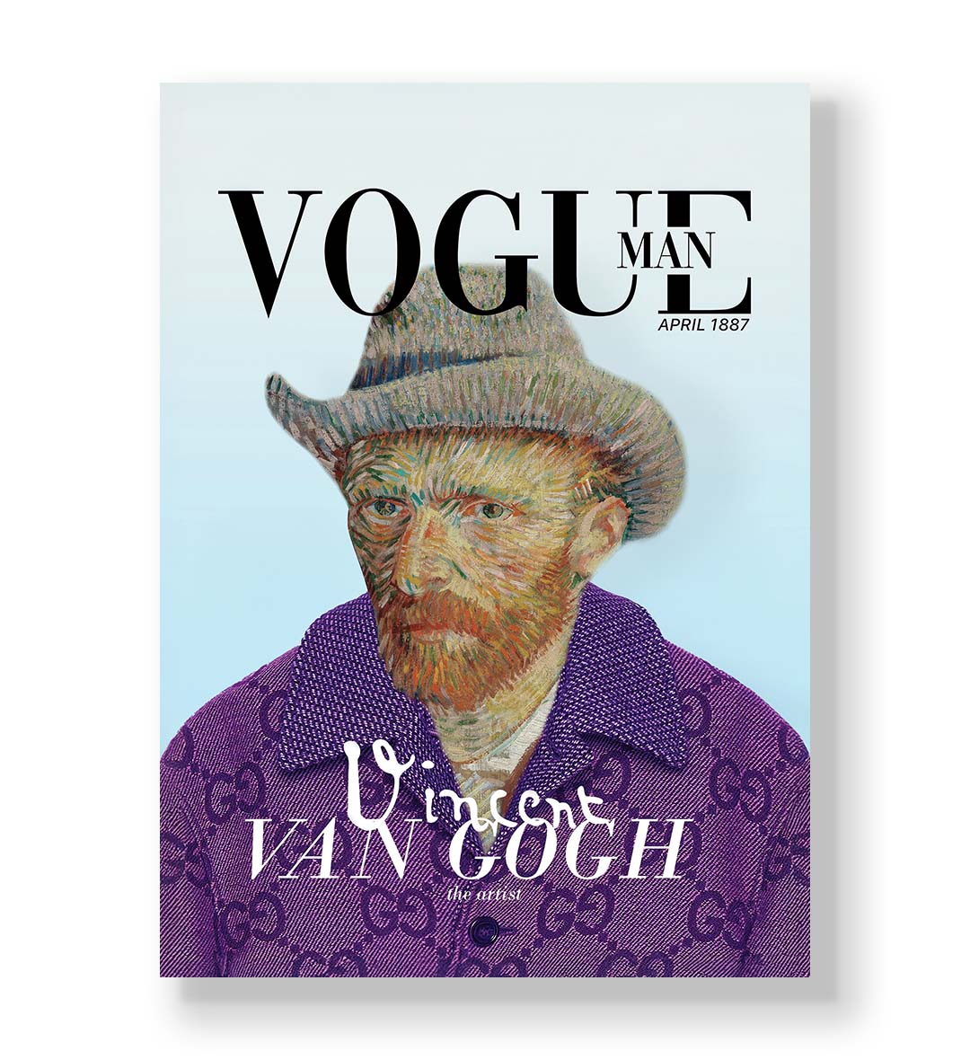 Vincent Van Gogh parody canvas wall art as Vogue Man cover with Gucci jacket, ideal for modern Indian home decor.