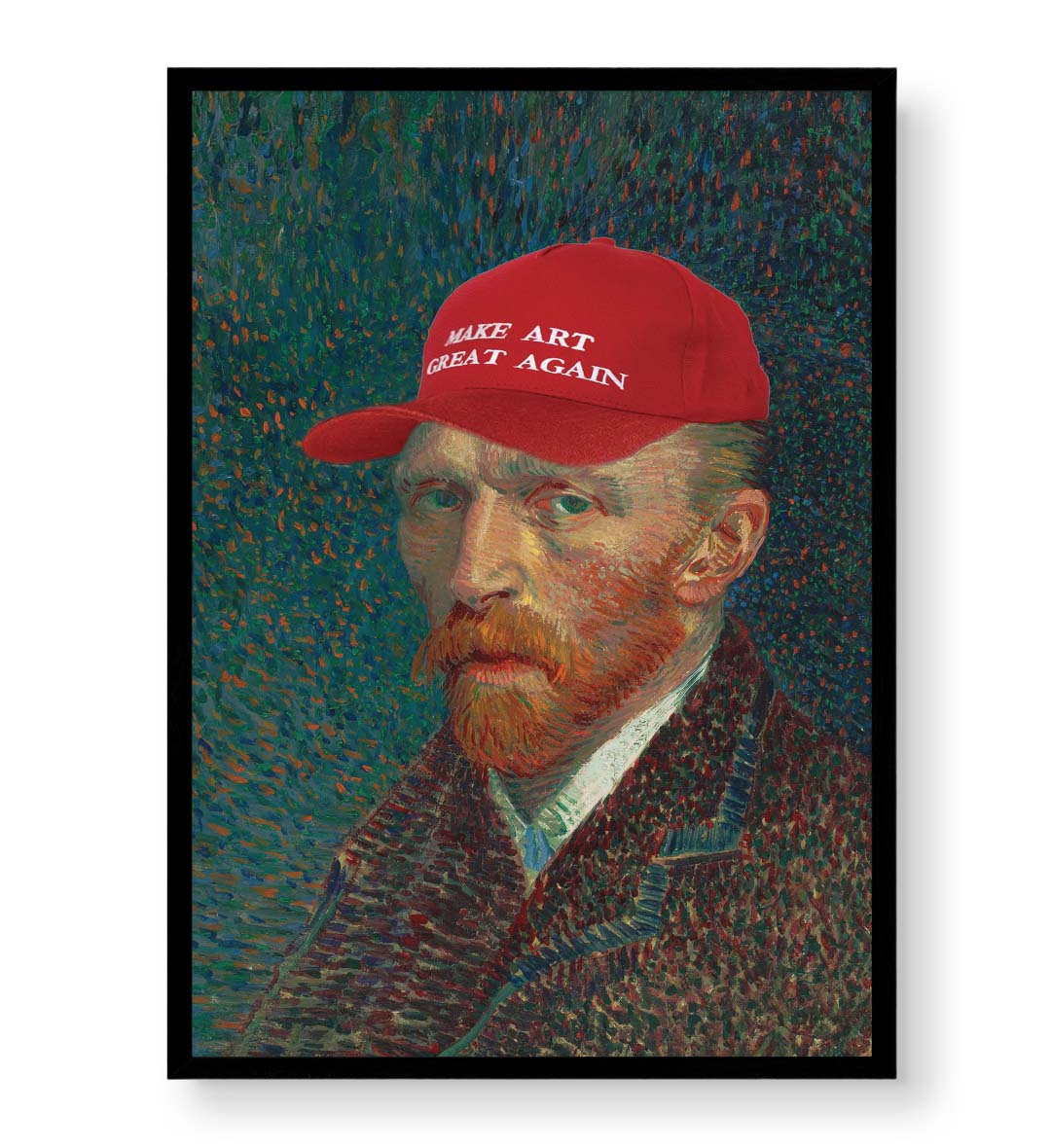 Vincent Van Gogh parody canvas wall art with Make Art Great Again red cap, perfect for modern Indian home decor.