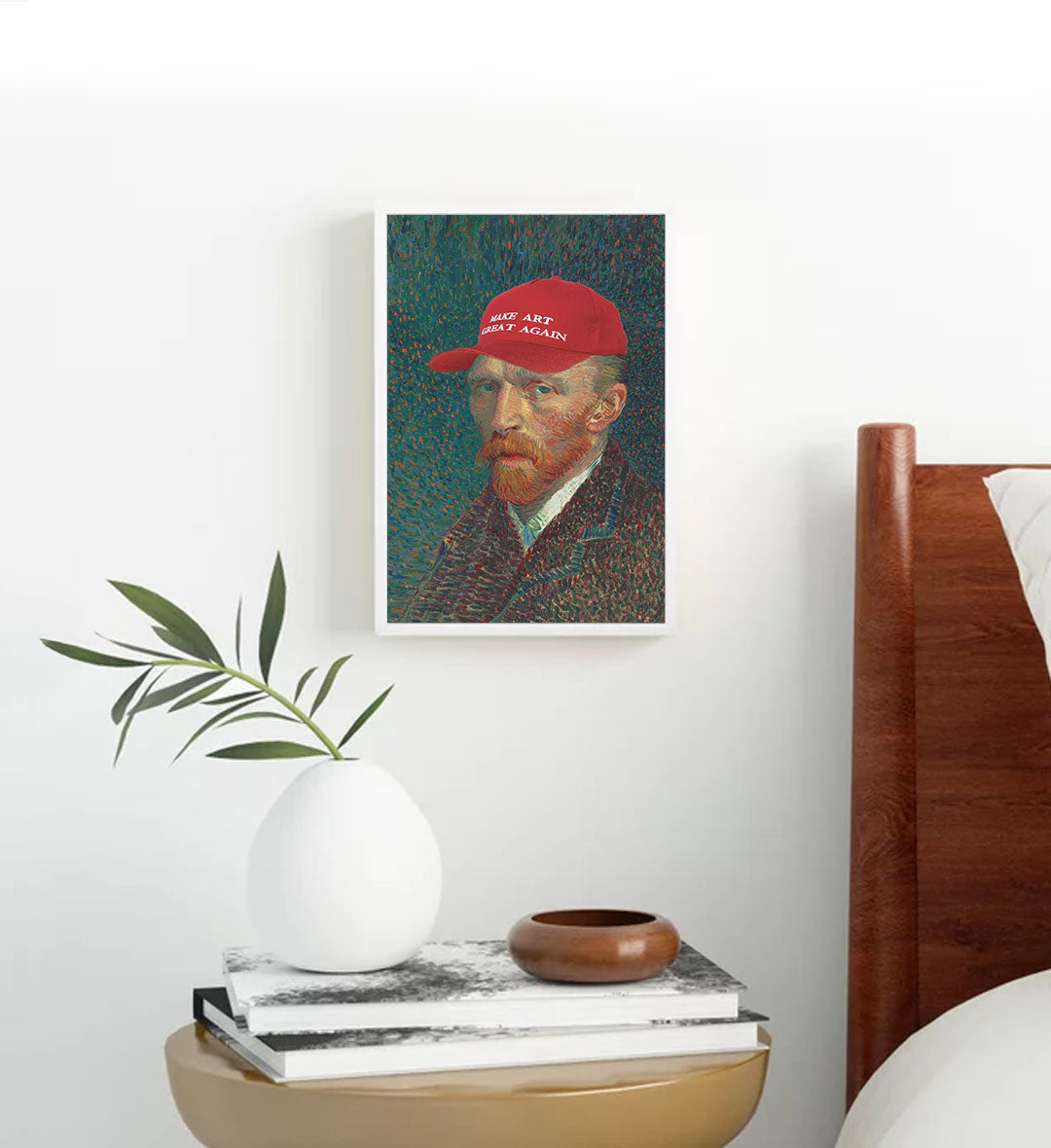Vincent Van Gogh parody canvas wall art with Make Art Great Again red cap, perfect for modern Indian home decor.