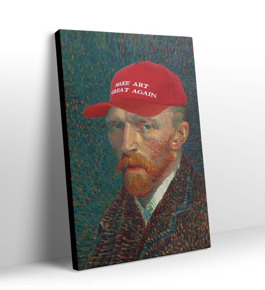 Vincent Van Gogh parody canvas wall art with Make Art Great Again red cap, perfect for modern Indian home decor.