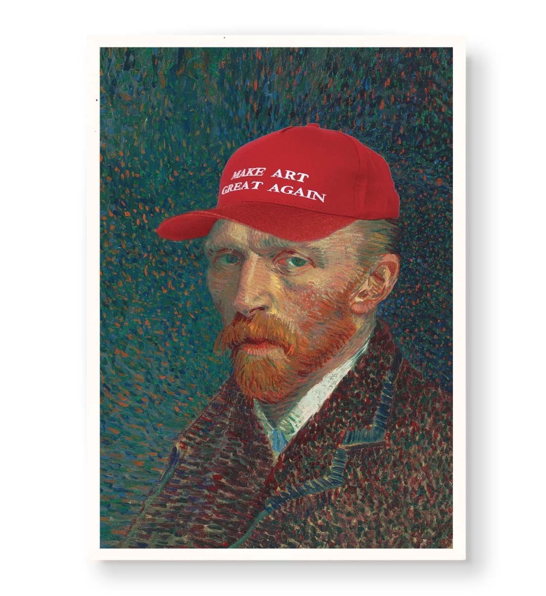 Vincent Van Gogh parody canvas wall art with Make Art Great Again red cap, perfect for modern Indian home decor.