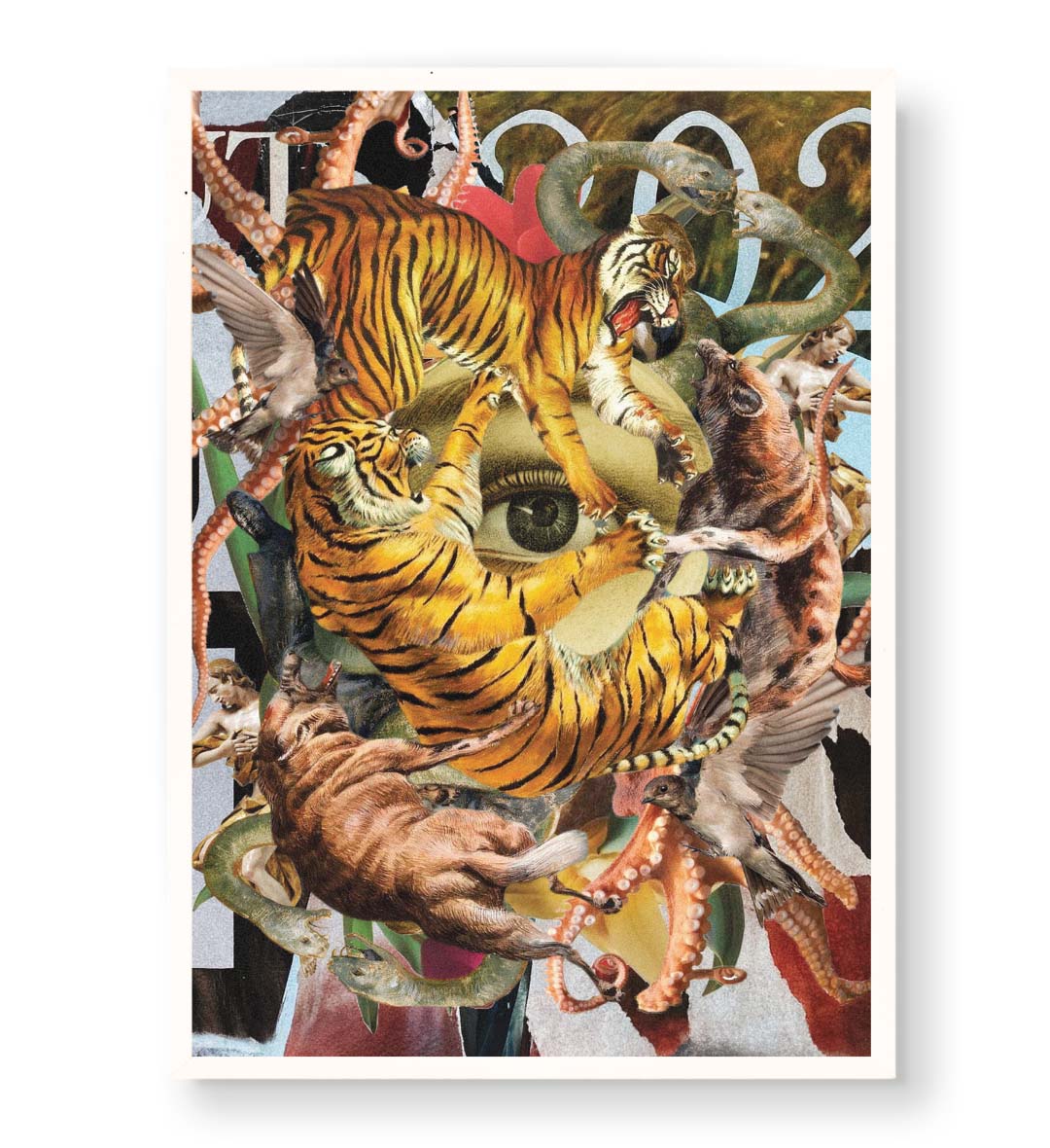 Wild Gaze surreal tiger wall art canvas print with snakes and birds for Indian home decor.