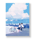 Young couple sitting on a seawall sharing headphones with wind turbines and giant clouds in the background canvas wall art.
