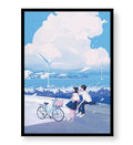 Study space decor idea with peaceful ocean and wind turbine illustration.