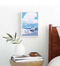 Minimalist living room styled with fresh blue and white scenery canvas print.