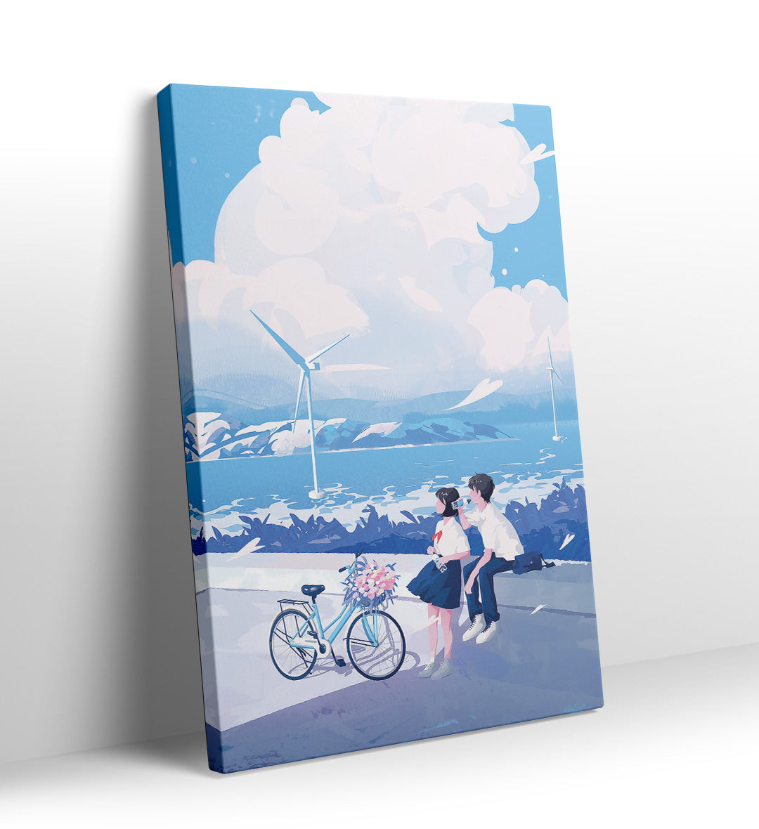 Young couple sitting on a seawall sharing headphones with wind turbines and giant clouds in the background canvas wall art.