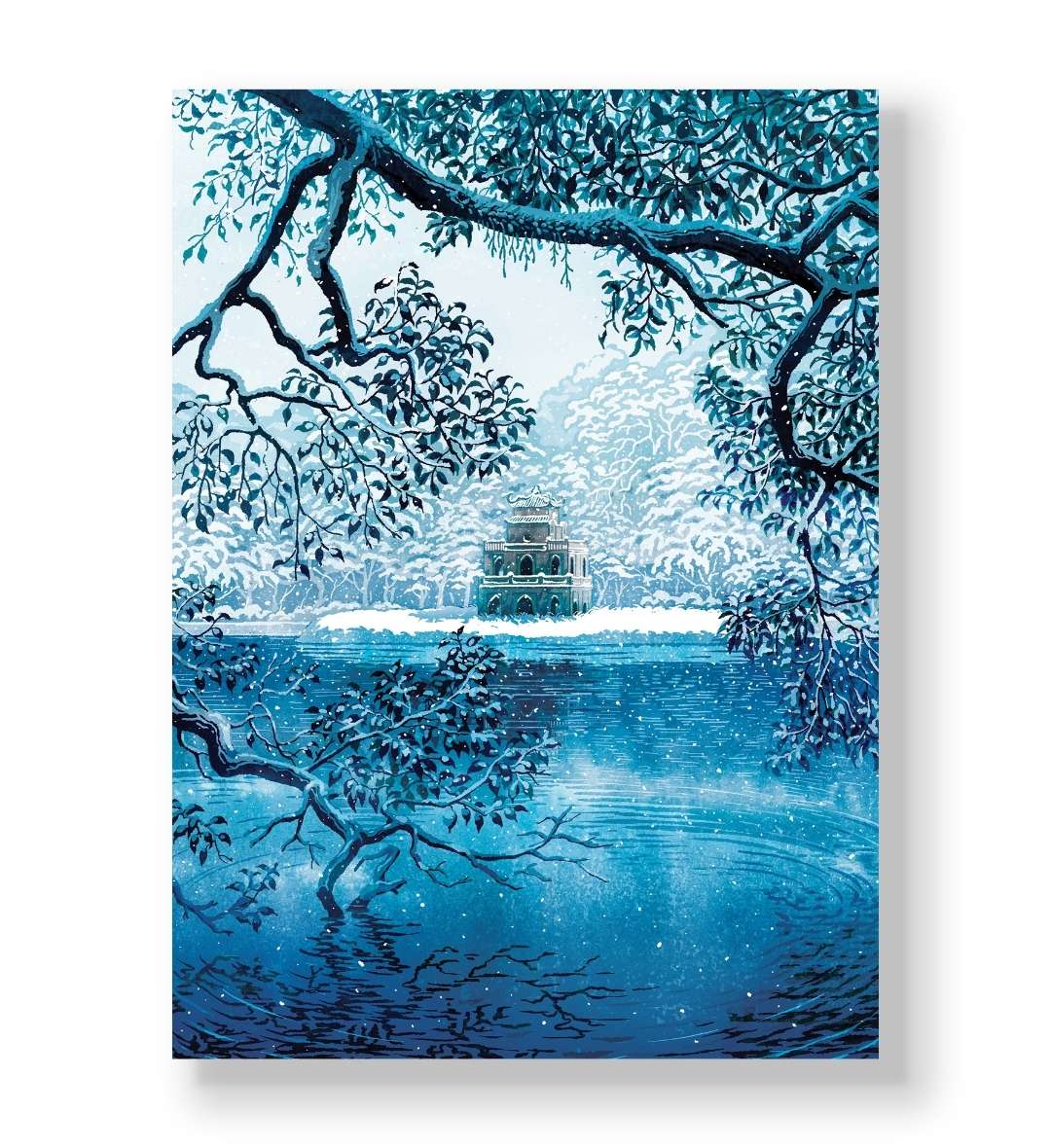 Pagoda on an island in a frozen blue lake framed by snowy branches canvas wall art.