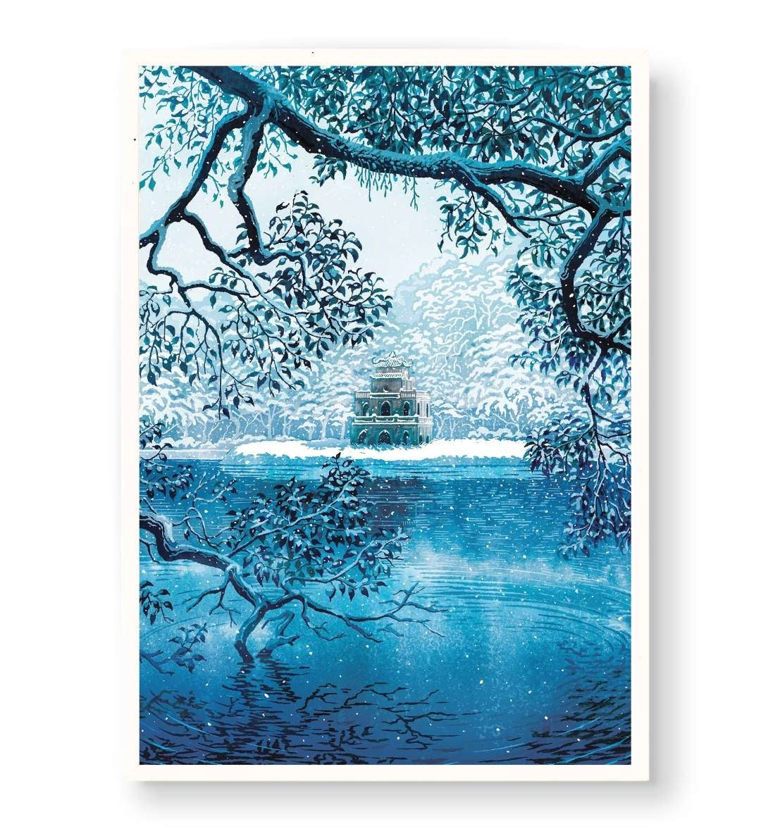 Cozy bedroom decor featuring serene winter landscape wall art.