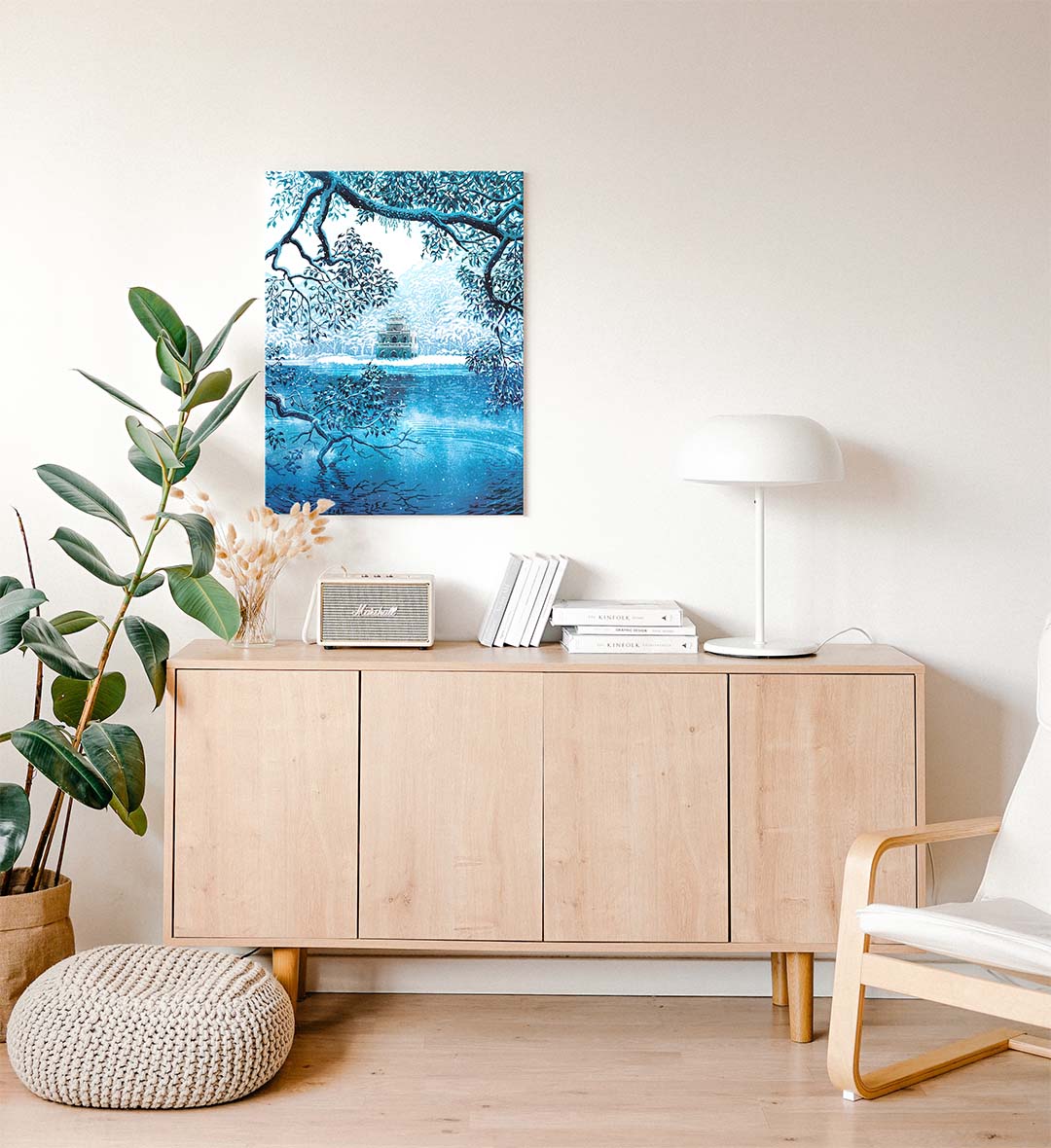 Side view of Winter Lake Sanctuary canvas showing gallery wrap depth.