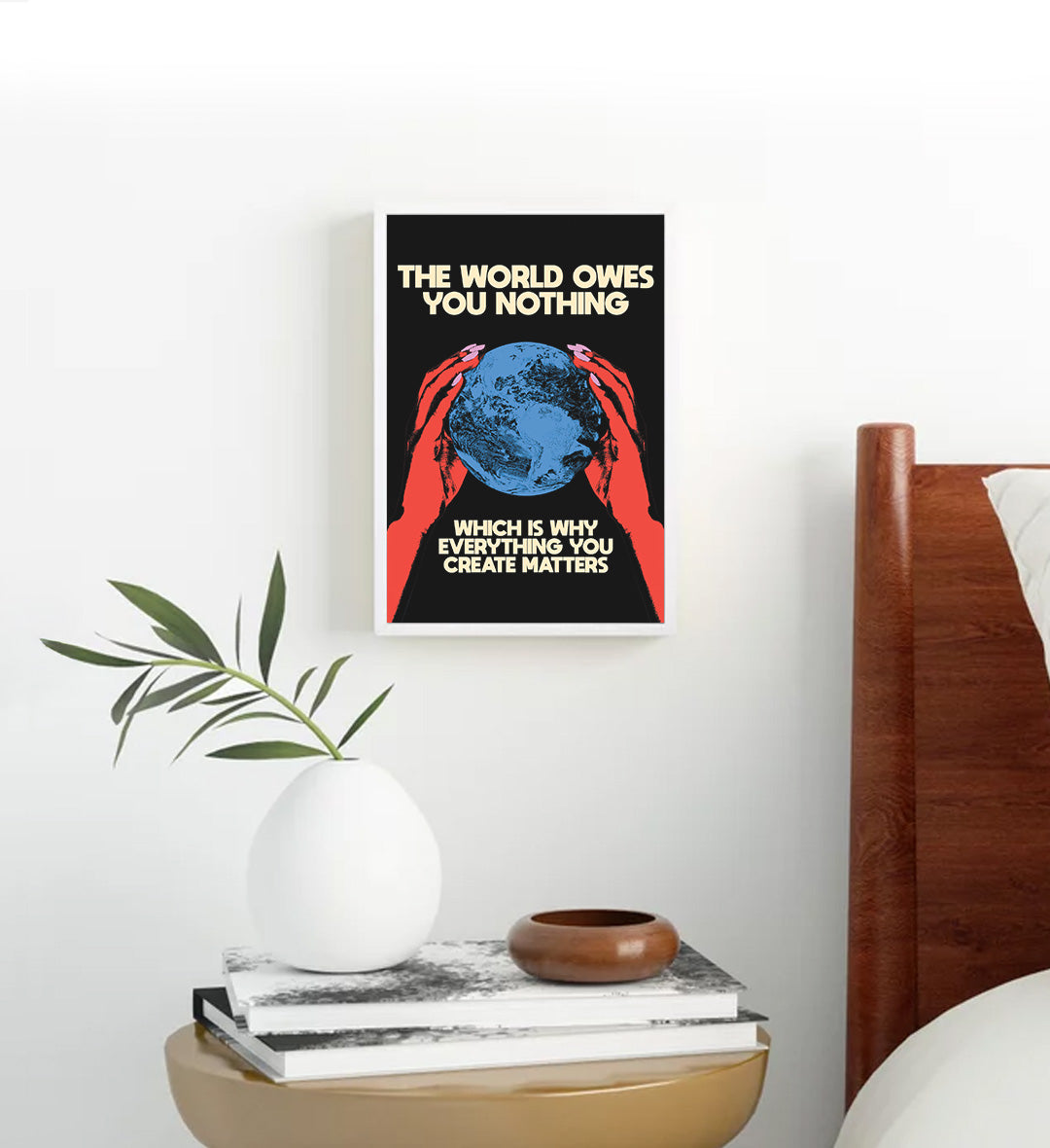 Creative studio decor featuring red and black graphic design canvas.